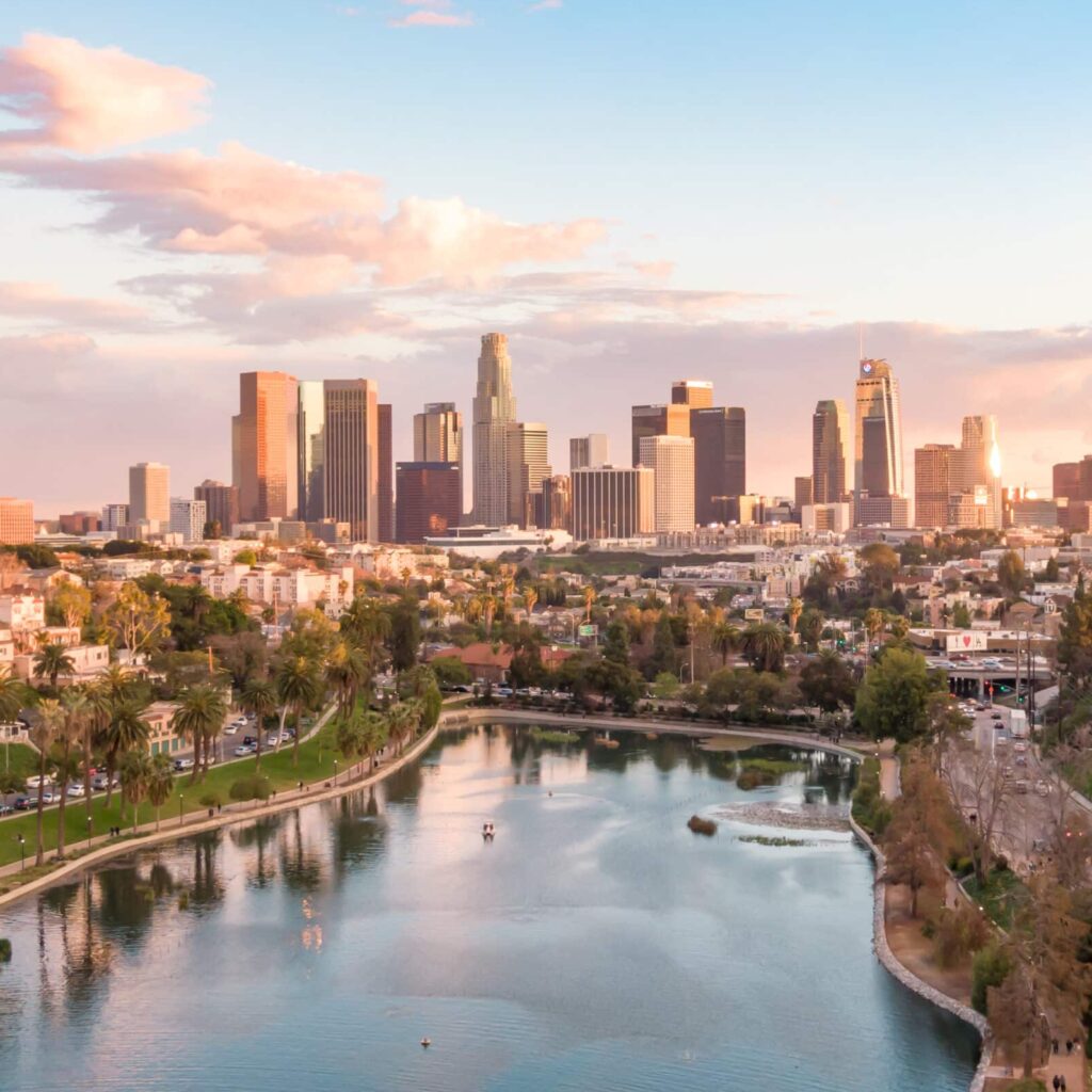 Los Angeles California city skyline at sunset
